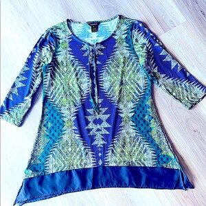 Multiples Women's Tunic Top M Green Purple Tribal Lagenlook Southwestern